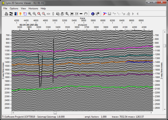 Seismap seismic viewer with horizon and fault overlay